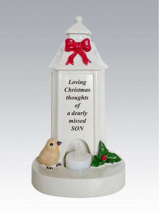 Son - Christmas Robin Memorial Lantern Tealight Holder Remembrance Xmas Plaque Tribute