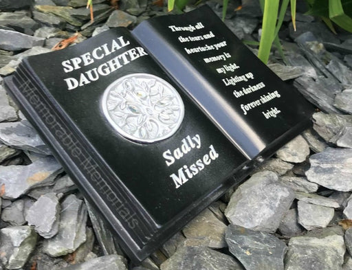 Daughter - Memorial Black Silver Diamante Tree of Life Book Grave Plaque Ornament Tribute