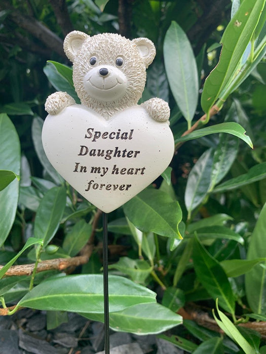 Daughter Teddy Bear Heart Stick - Memorial Tribute Plaque