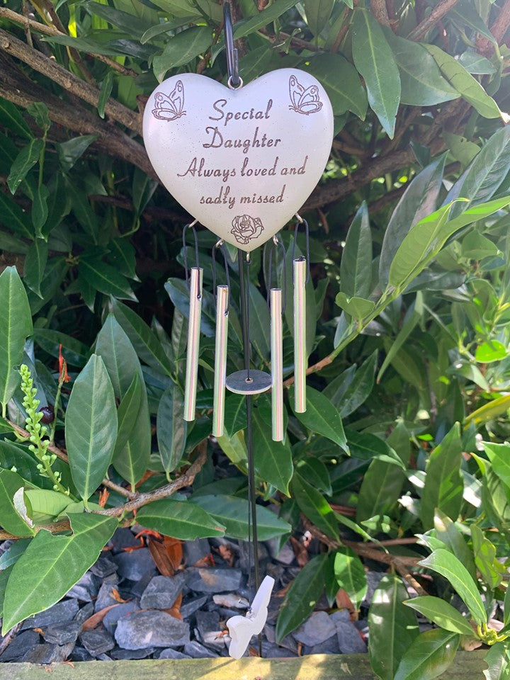 Daughter - Heart Memorial Wind Chime Tribute Plaque Ornament Butterfly Flower Graveside