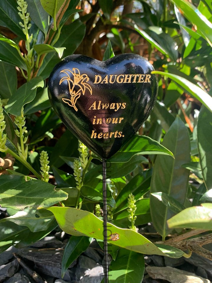 Daughter - Black & Gold Resin Memorial Lily Heart Stick Stake Graveside Crematorium