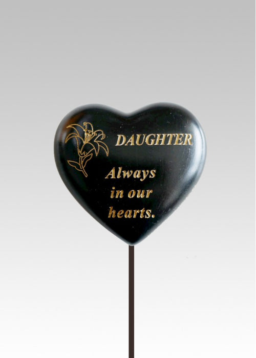 Daughter - Black & Gold Resin Memorial Lily Heart Stick Stake Graveside Crematorium