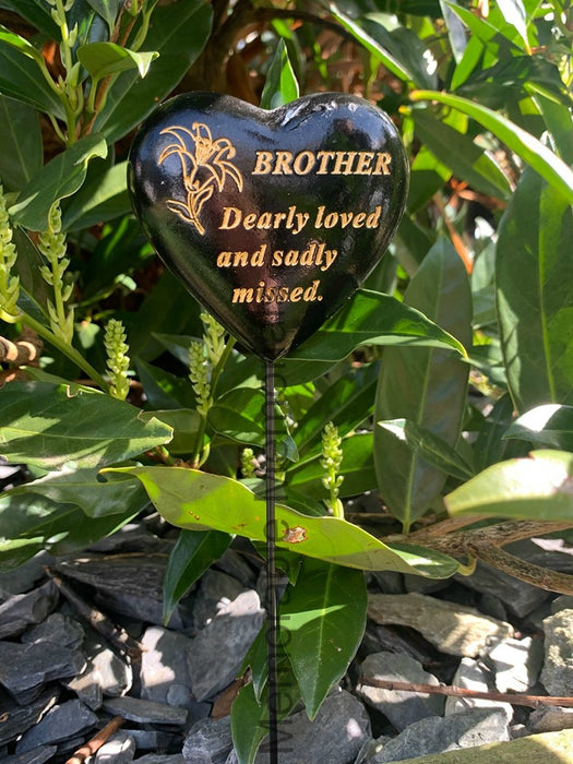 Brother - Black & Gold Resin Memorial Lily Heart Stick Stake Graveside Crematorium