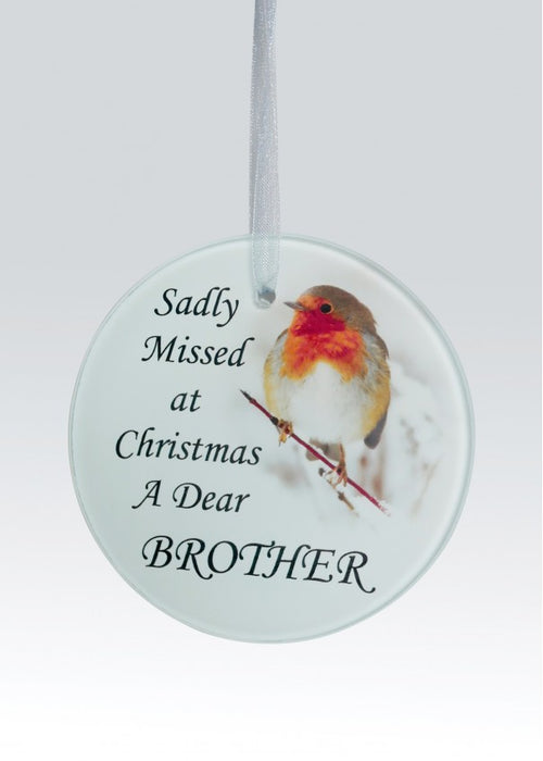 Brother - Memorial Glass Robin Christmas Bauble - Tree Decoration Xmas