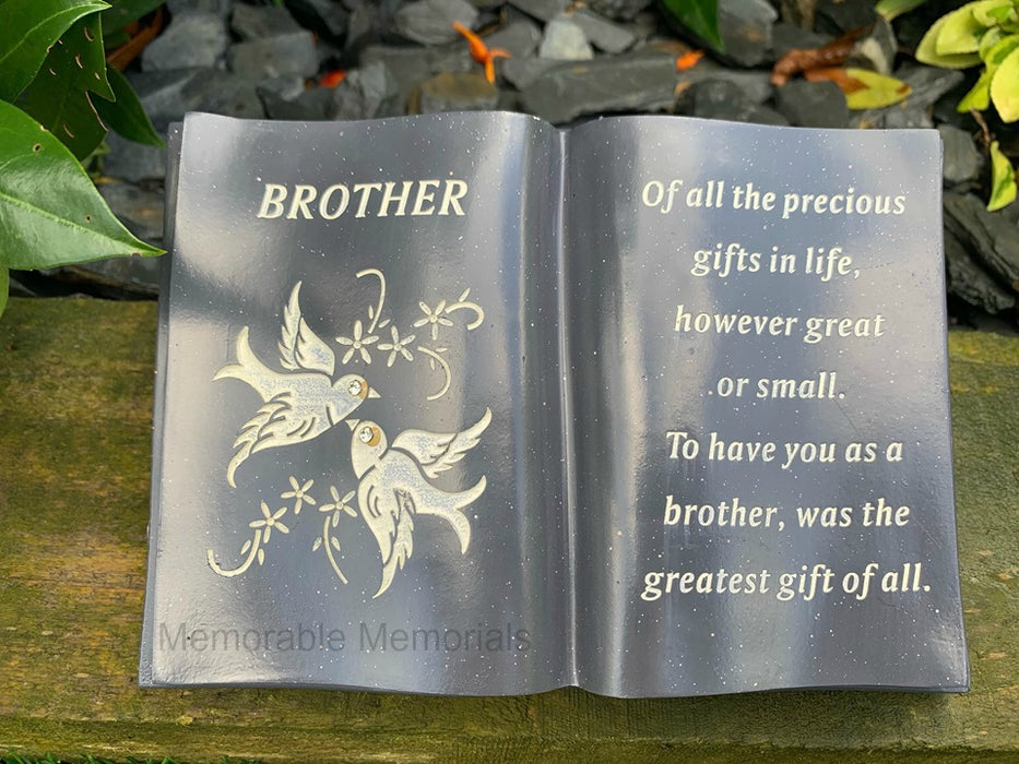 Brother - Memorial Slate Grey Dove Book Diamante Flower Graveside Plaque Tribute Ornament