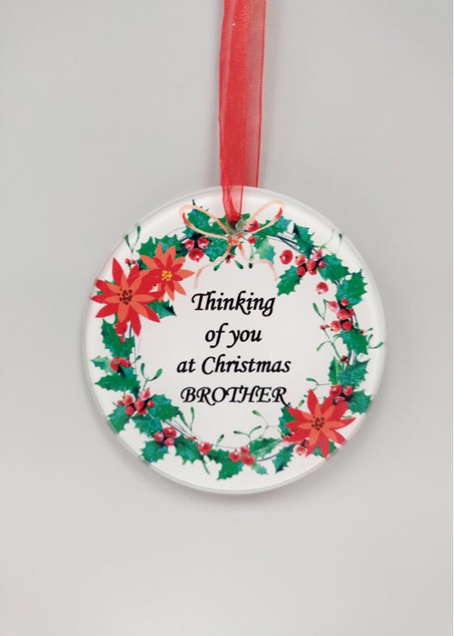 Brother - Memorial Glass Wreath Bauble Christmas Tree Plaque Decoration Xmas