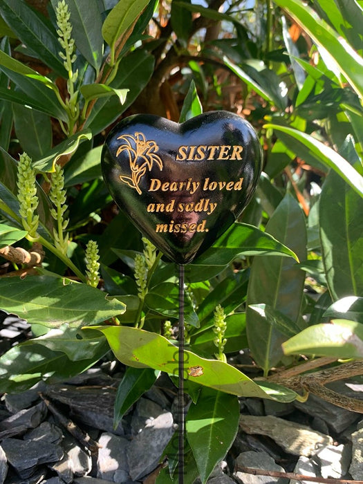 Sister - Black & Gold Resin Memorial Lily Heart Stick Stake Graveside Crematorium