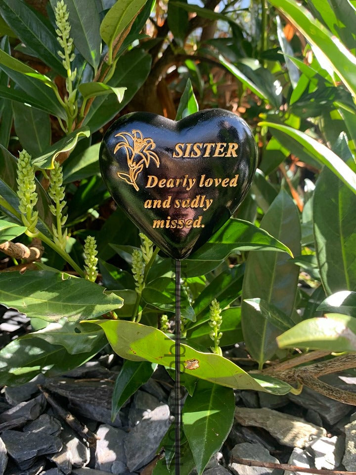 Sister - Black & Gold Resin Memorial Lily Heart Stick Stake Graveside Crematorium