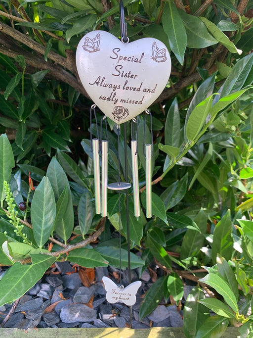 Sister - Heart Memorial Wind Chime Tribute Plaque Ornament Butterfly Flower Graveside