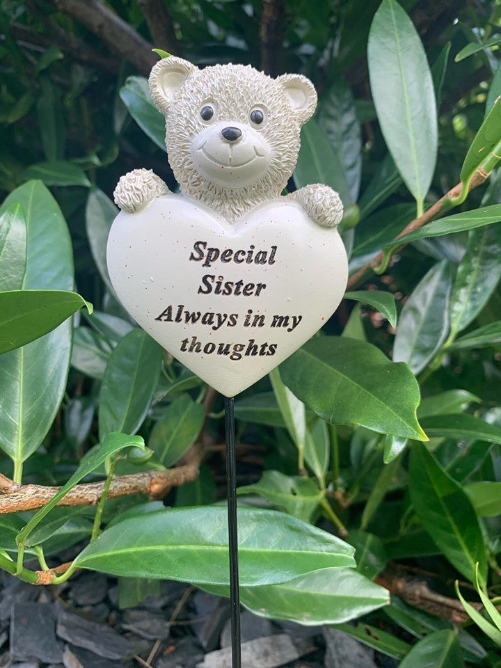 Sister Teddy Bear Heart Stick - Memorial Tribute Plaque