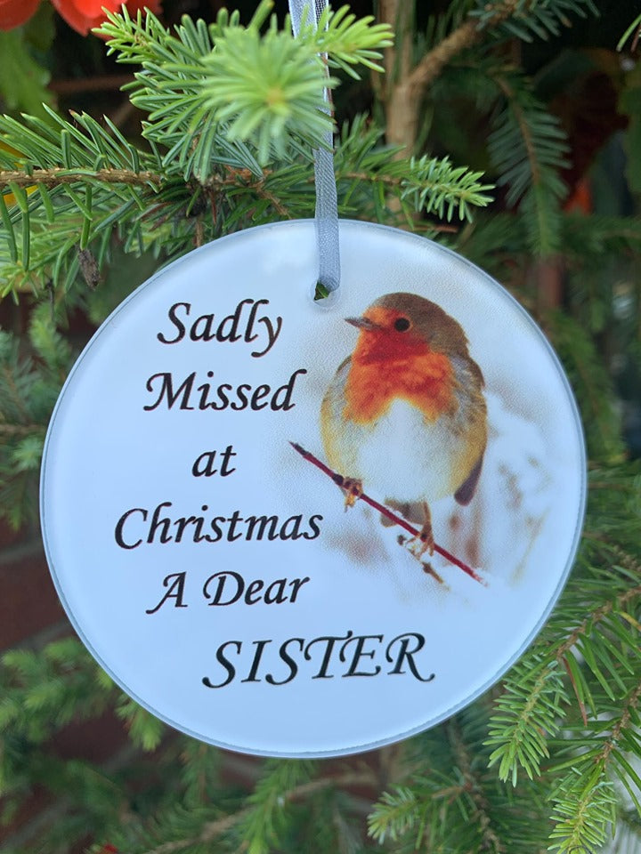 Sister - Memorial Glass Robin Christmas Bauble - Tree Decoration Xmas