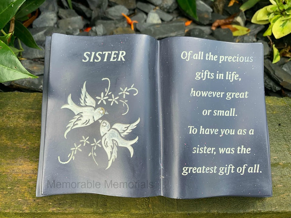 Sister - Memorial Slate Grey Dove Book Diamante Flower Graveside Plaque Tribute Ornament