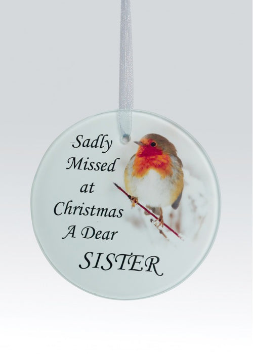 Sister - Memorial Glass Robin Christmas Bauble - Tree Decoration Xmas