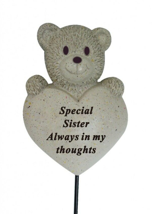 Sister Teddy Bear Heart Stick - Memorial Tribute Plaque