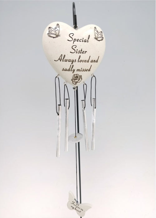 Sister - Heart Memorial Wind Chime Tribute Plaque Ornament Butterfly Flower Graveside