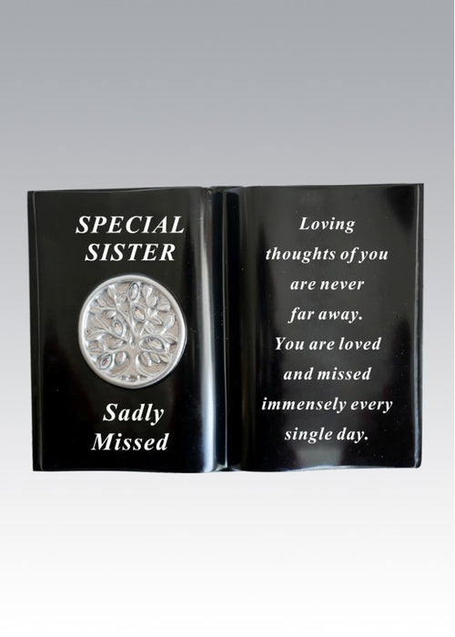 Sister - Memorial Black Silver Diamante Tree of Life Book Grave Plaque Ornament Tribute