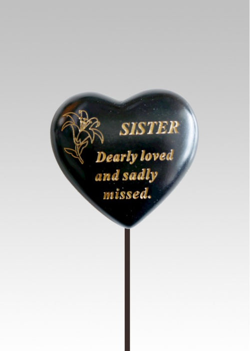 Sister - Black & Gold Resin Memorial Lily Heart Stick Stake Graveside Crematorium