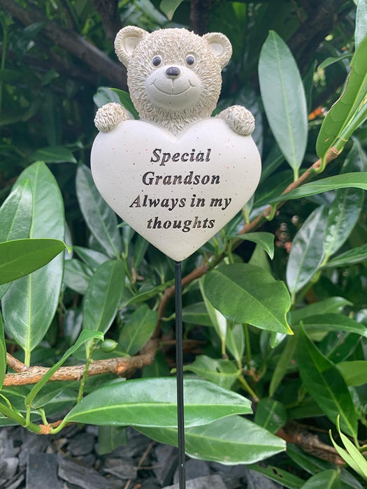 Grandson Teddy Bear Heart Stick - Memorial Tribute Plaque