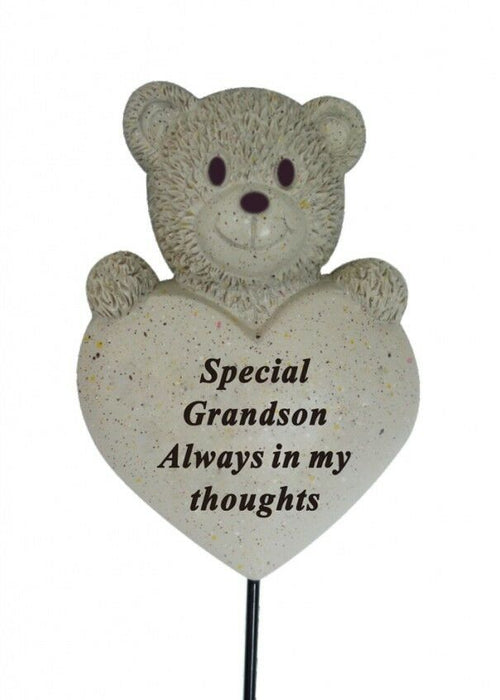 Grandson Teddy Bear Heart Stick - Memorial Tribute Plaque