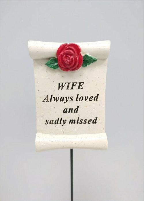 Wife Red Rose Scroll Stick - Memorial Tribute Spike