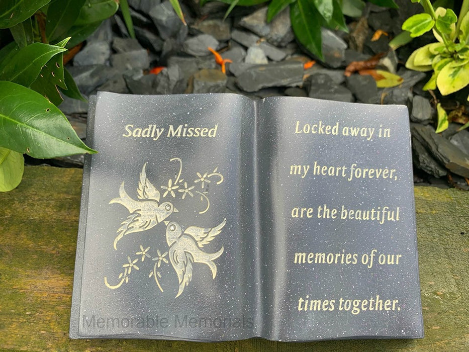 Sadly Missed - Memorial Slate Grey Dove Book Diamante Flower Graveside Plaque Tribute Ornament