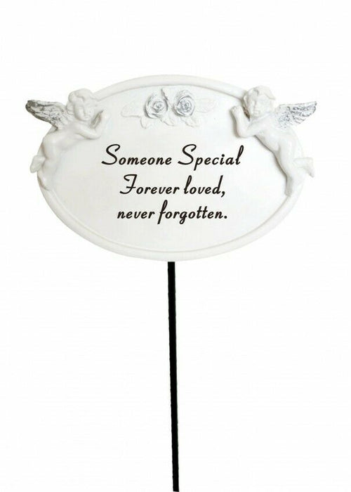 White & Silver Twin Cherub Memorial Stick Remembrance Plaque Tribute Spike Stake