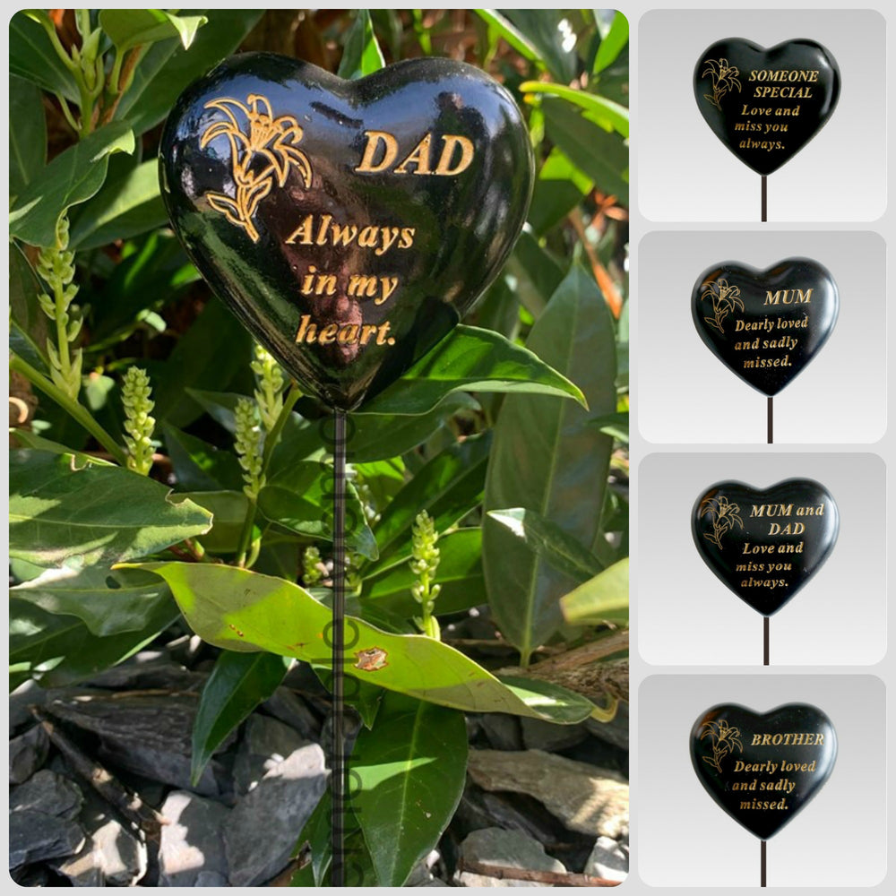 Black & Gold Resin Memorial Lily Heart Stick Stake Graveside Spike Crematorium