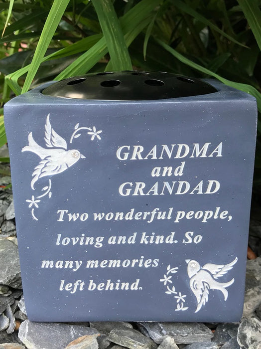 Grandma and Grandad Slate Grey Memorial Flower Vase - Rose Bowl Dove Diamante - Graveside Plaque Tribute