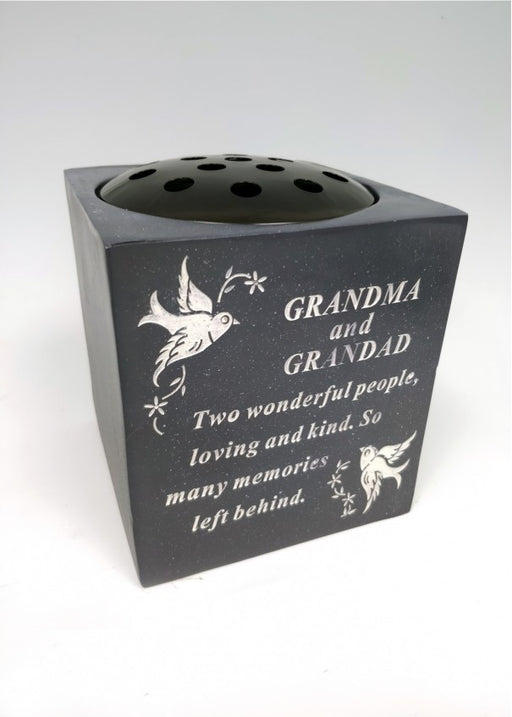 Grandma and Grandad Slate Grey Memorial Flower Vase - Rose Bowl Dove Diamante - Graveside Plaque Tribute