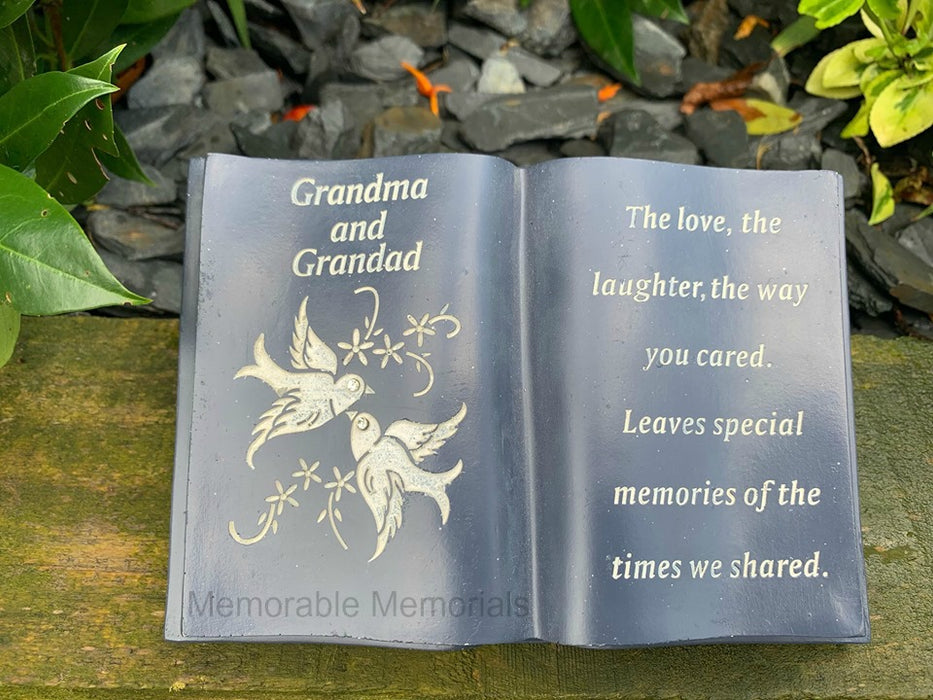 Grandma and Grandad - Memorial Slate Grey Dove Book Diamante Flower Graveside Plaque Tribute Ornament