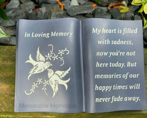 In Loving Memory - Memorial Slate Grey Dove Book Diamante Flower Graveside Plaque Tribute Ornament