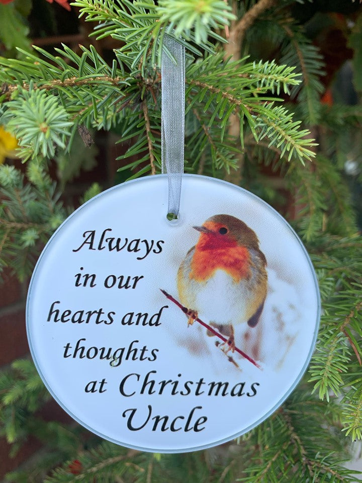 Uncle - Memorial Glass Robin Christmas Bauble - Tree Decoration Xmas