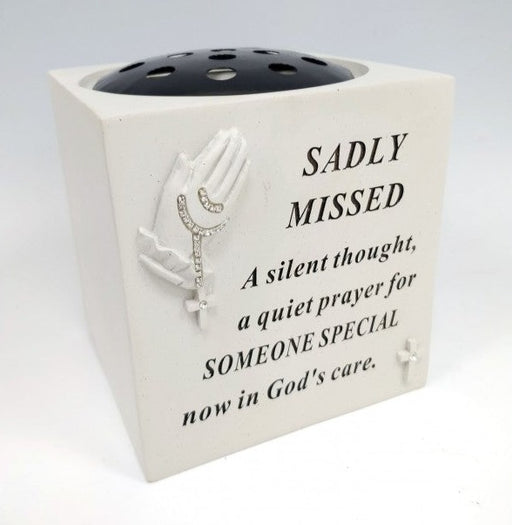 Sadly Missed - Memorial Praying Hands Flower Bowl Vase Rosary Beads Plaque Tribute Grave Pot