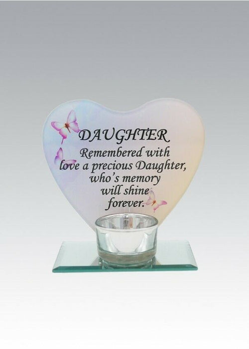 Glass Heart Memorial Plaque Tea Light Candle Holder Floral Graveside Tribute