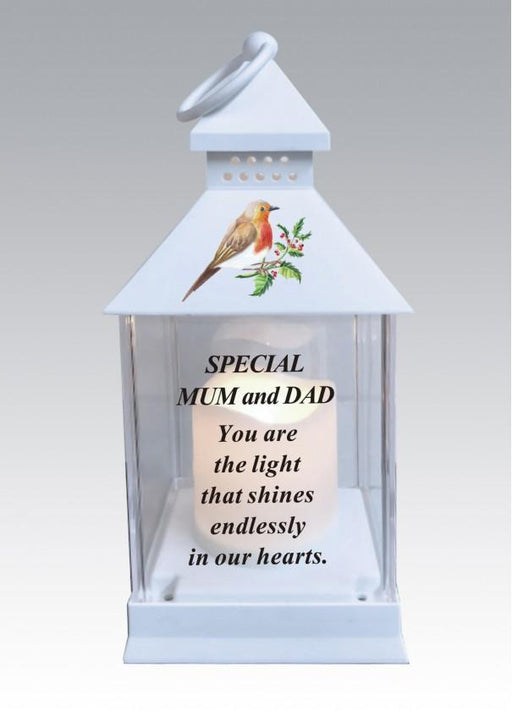 Mum & Dad - Memorial Light Up Christmas Lantern - Robin Candle Graveside Memory Remembrance