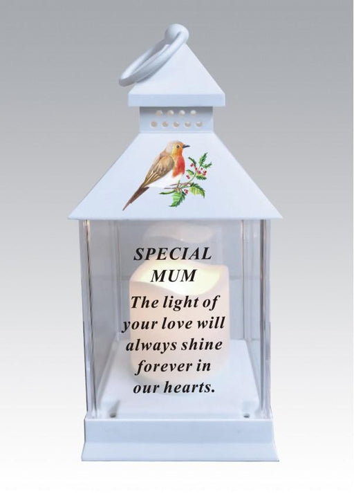 Mum - Memorial Light Up Christmas Lantern - Robin Candle Graveside Memory Remembrance