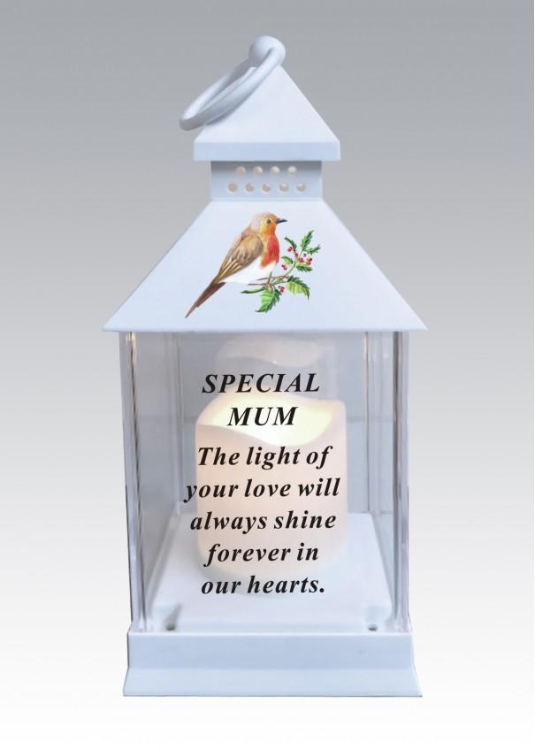 Mum - Memorial Light Up Christmas Lantern - Robin Candle Graveside Memory Remembrance
