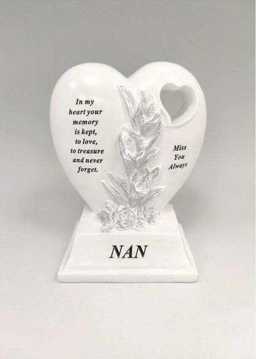 White Silver Double Heart Floral Memorial - Remembrance Graveside Plaque Tribute