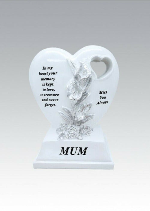 White Silver Double Heart Floral Memorial - Remembrance Graveside Plaque Tribute