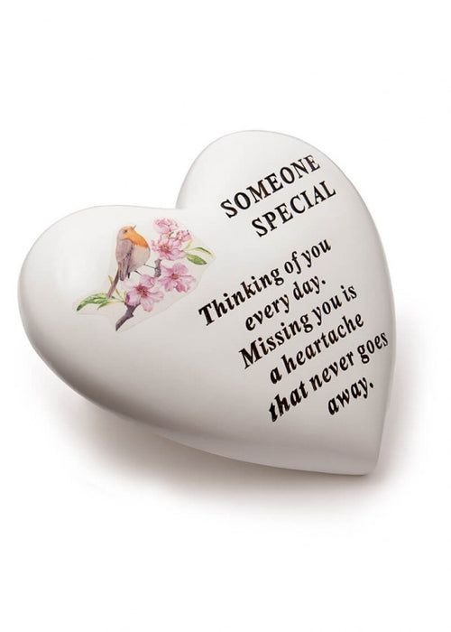 White Robin Memorial Heart Flowers Tribute Grave Remembrance Ornament Plaque