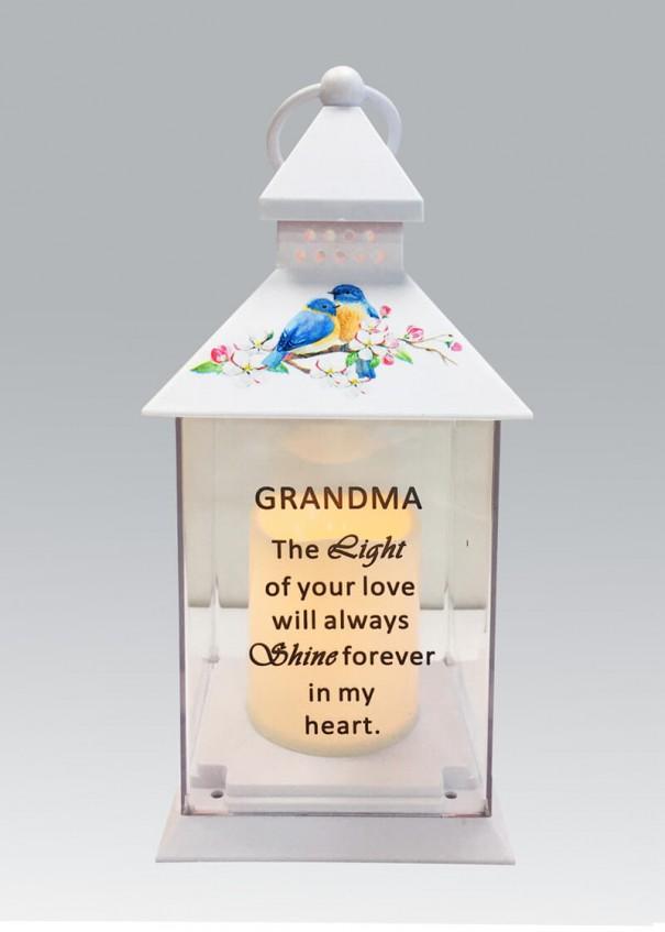 Grandma - Memorial Light Up Lantern -  Bird Floral Candle Graveside Memory Remembrance