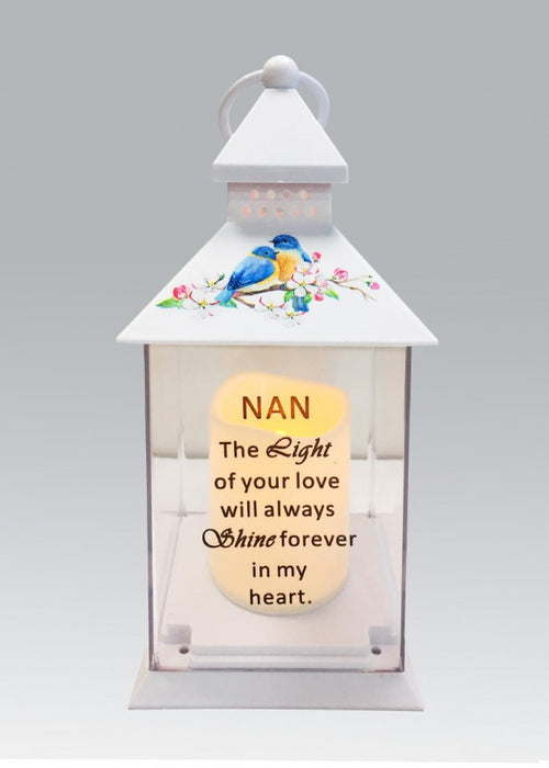 Nan - Memorial Light Up Lantern -  Bird Floral Candle Graveside Memory Remembrance