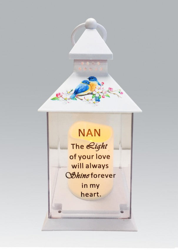 Nan - Memorial Light Up Lantern -  Bird Floral Candle Graveside Memory Remembrance