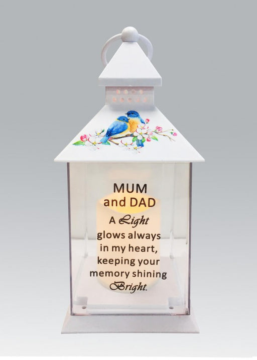 Mum & Dad - Memorial Light Up Lantern -  Bird Floral Candle Graveside Memory Remembrance