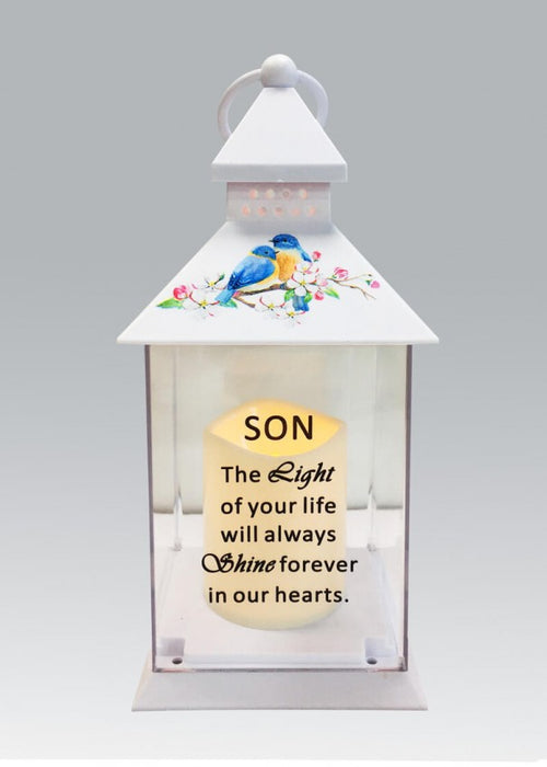 Son - Memorial Light Up Lantern -  Bird Floral Candle Graveside Memory Remembrance