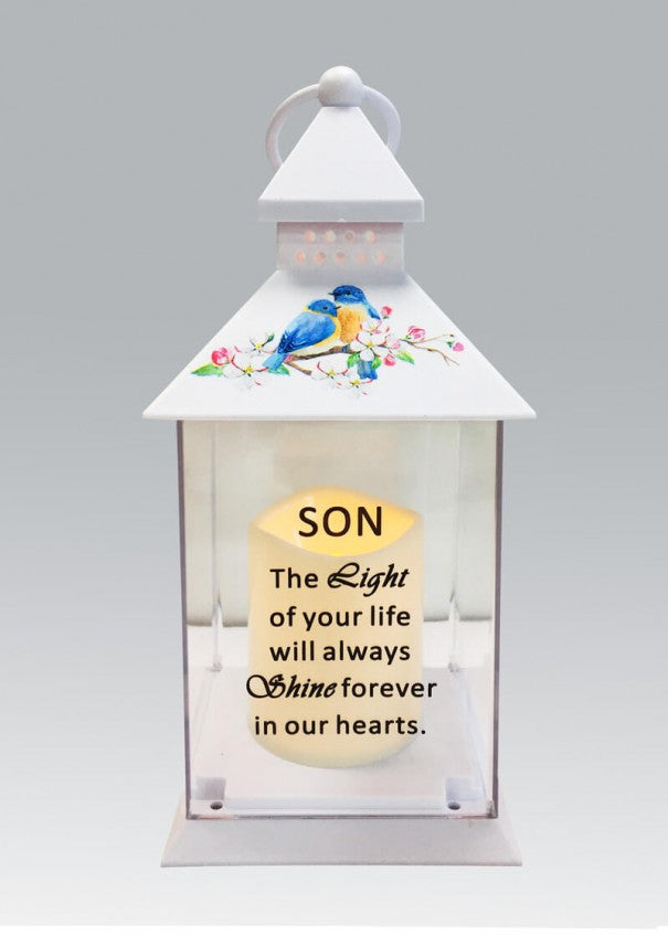 Son - Memorial Light Up Lantern -  Bird Floral Candle Graveside Memory Remembrance