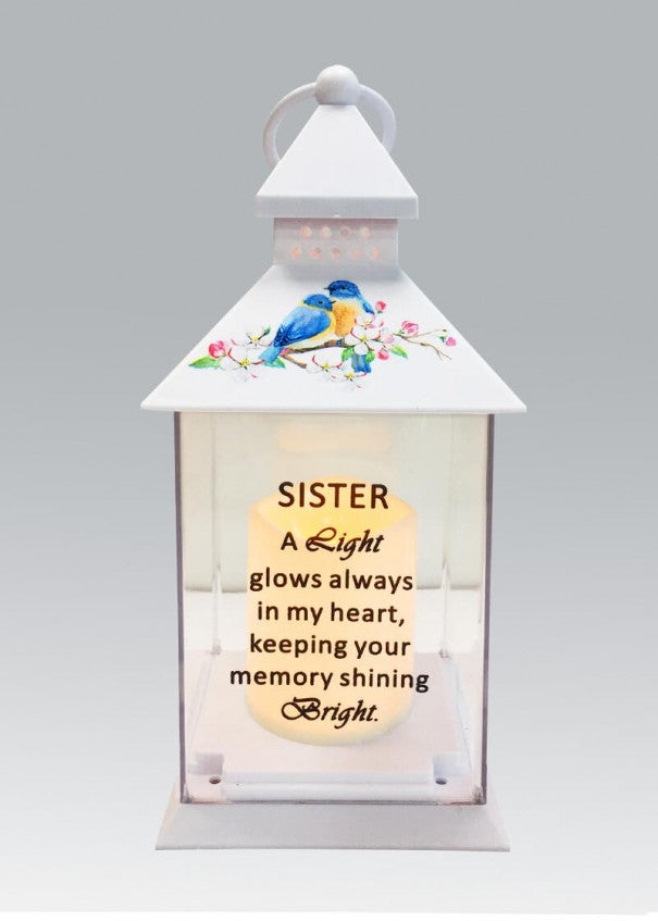 Sister - Memorial Light Up Lantern -  Bird Floral Candle Graveside Memory Remembrance