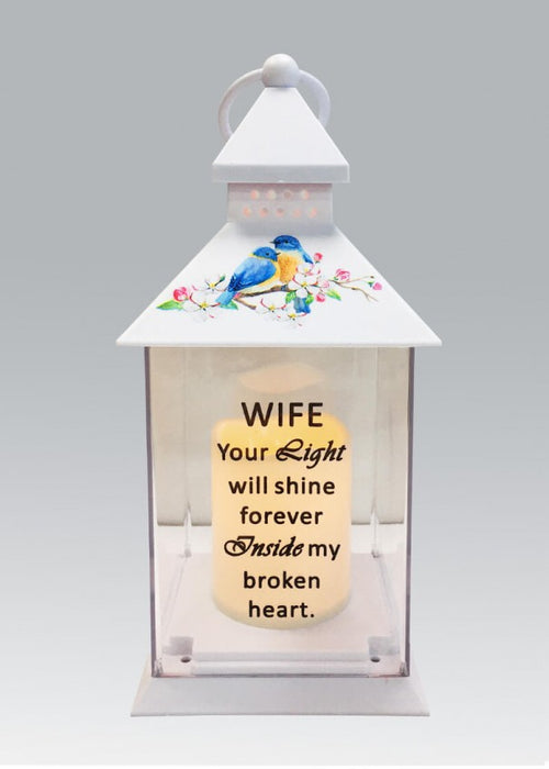 Wife - Memorial Light Up Lantern -  Bird Floral Candle Graveside Memory Remembrance