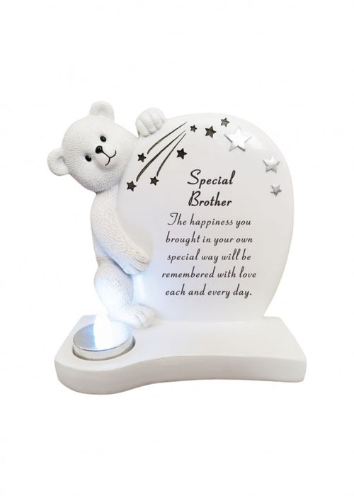 Teddy Plaque with Silver Candle Graveside Child Baby Memorial Ornament Tribute