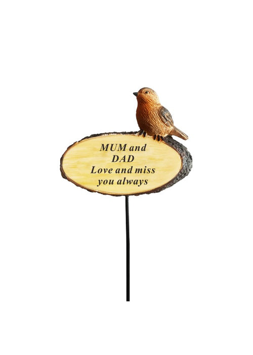 Memorial Robin on Log 3D Bird Stick Stake Pick Plaque Tribute Graveside Ornament